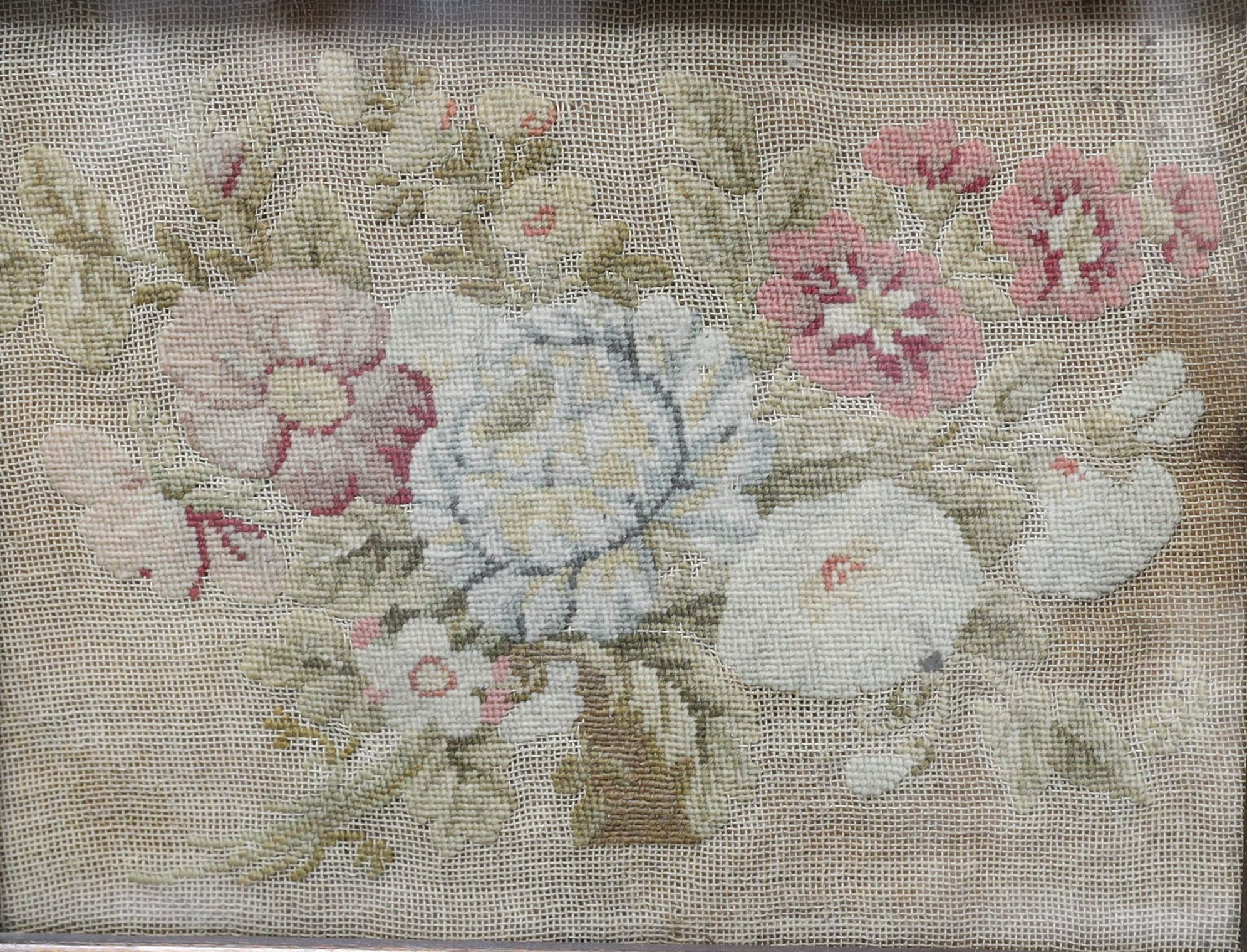 A Victorian 'The Butterfly's Ball and the Grasshopper's Feast' printed handkerchief and two needlepoints, all in maple frames.